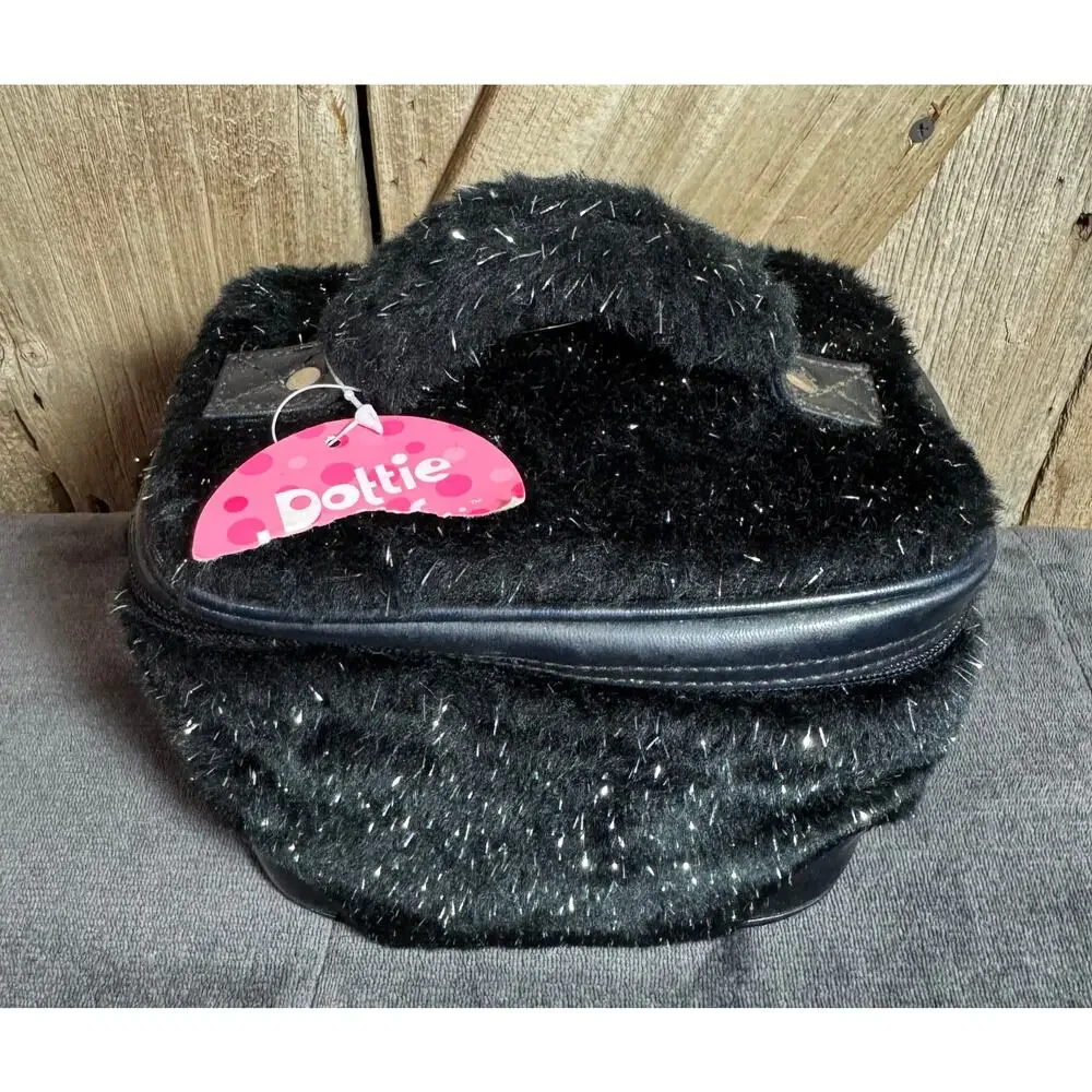 NWOT Claires Faux Fur Plush & Vinyl Black Zipper Cosmetic Bag W/Handle 7